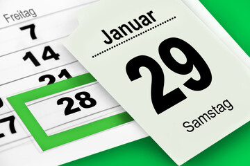 Kalender 28. und 29. Januar  2022 mit grünem Hintergrund