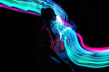 Metaverse digital Avatar, Metaverse Presence, digital technology, cyber world, virtual reality, futuristic lifestyle. Woman in augmented reality, NFT game with neon blur lines