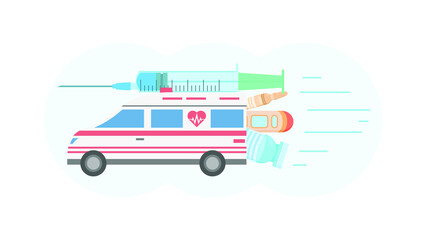 Abstract Flat Medic Medical Vehicle With Syringe And Vaccine Concept Illustration Vector Design Style Coronavirus COVID-19 Mass Vaccination Healthcare Epidemic