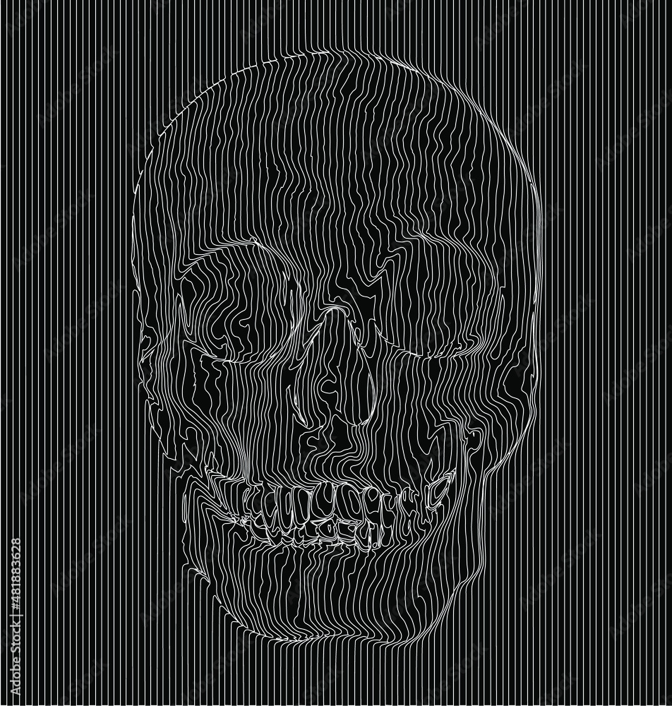 Poster black and white seamless pattern of continuous vertical white line giving shape to a skull.