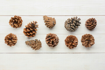 Pine cones on light wooden background