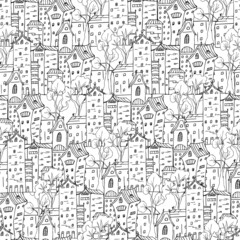 Drawn city, line art, seamless black and white background of hand drawn houses.