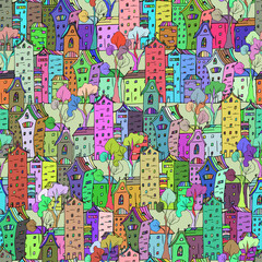 Multicolor houses seamless hand-drawn children's pattern. Cartoon city, vector illustration