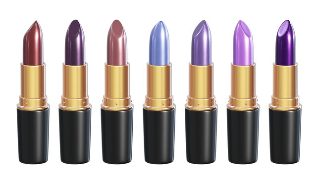 Realistic 3D illustration of the trendy violet colors shiny lipsticks set isolated on white