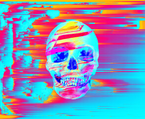 Obraz premium Pixel sorting glitch art of colorful psychedelic front side skull from 3D rendering on corrupted graphics and color glitched background.