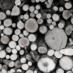 Pile of wood logs in black and white