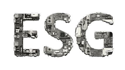ESG text of technogenic metal scrap cyber details, isolated - object 3D rendering