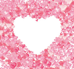 Valentines day or Bridal background. Background with a heart shaped space for text in the middle with red and pink hearts around. Heart background. Hand drawn hearts, watercolor technique. 