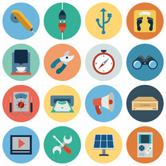 Electronics flat icons. usb and computer, camera and battery loudspeaker and speaker, vector illustration for web 
or mobile application, technology icons