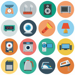 Electronics flat icons. usb and computer, camera and battery loudspeaker and speaker, vector illustration for web and mobile application