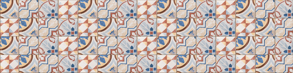 White brown blue vintage retro geometric square mosaic motif cement tiles texture background banner...