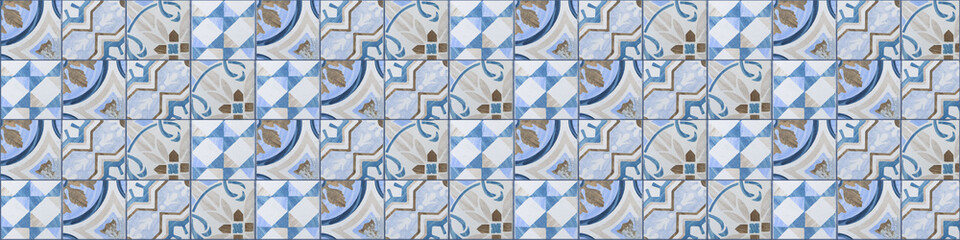White brown blue vintage retro geometric square mosaic motif cement tiles texture background banner...