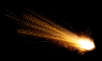 texture of a falling comet with sparks, smoke and a trail of particles, isolated on a black background - 481885254