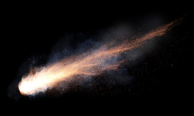 texture of a falling comet with sparks, smoke and a trail of particles, isolated on a black background - obrazy, fototapety, plakaty