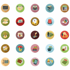 Modern flat icon vector illustration design with long shadow style elements of financial services, business management symbol, banking and money objects. Isolated on white background.
