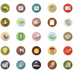 Modern flat icon vector illustration design with long shadow style elements of financial services, business management symbol, banking and money objects. Isolated on white background.