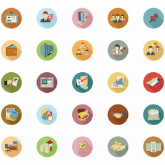 Modern flat icon vector illustration design with long shadow style elements of financial services, business management symbol, banking and money objects. Isolated on white background.