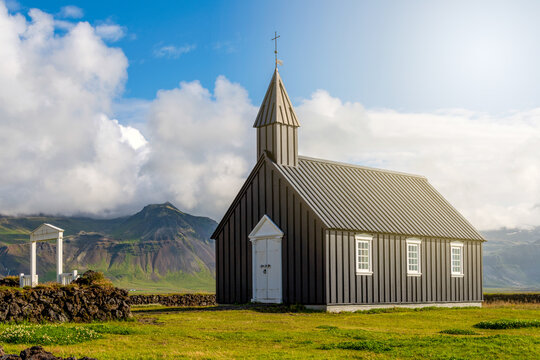 The little black church of Budir, Búðakirkja Black Church, On the south coast of Snaefellsnes peninsula In the West of Iceland.