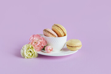 Tasty french macaroons with flowers in a white cup on a violet pastel background.