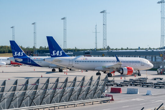 Gardermoen, Norway - September 25, 2021: Planes of SAS Scandinavian Airlines on Oslo Gardermoen Airport.