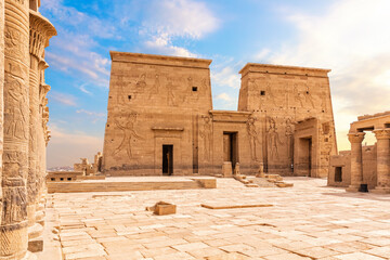 The temple of Isis from Philae, forecourt view, Agilkia Island in Lake Nasser, Aswan, Egypt - obrazy, fototapety, plakaty
