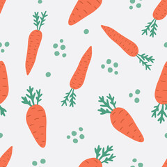 Colorful bright vegetable seamless pattern with hand drawn carrots. Vegetarian background. Vector illustration