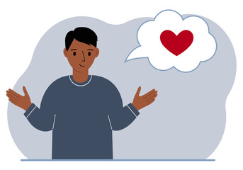 Happy man thinks about love. In the balloon of thought is a red heart. Vector