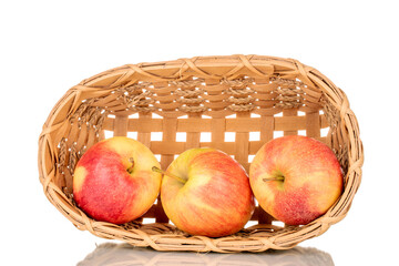 Three red juicy apples with a basket, macro, isolated on white.