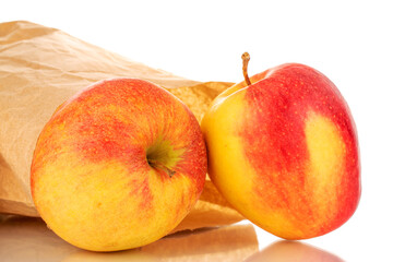Two red juicy apples with a paper bag, macro, isolated on white.