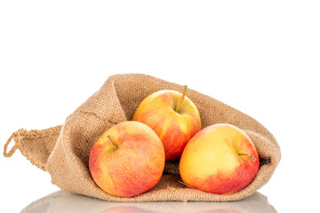 Three red juicy apples with a jute bag, macro, isolated on white.