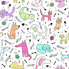 Hand drawn nice dogs and cute cats seamless pattern for textile, wallpaper, prints, fabric, clothes for children. Vector illustration. 