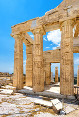 Ancient Greek ruins on Acropolis of Athens, Greece, Europe. Remains of Propylaea palace.