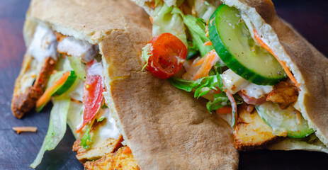 Mediterranean style pitta prepared with spicy chicken, cucumber, tomato, salad and mayo sauce