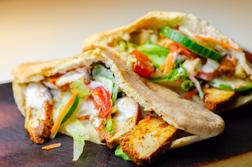 Mediterranean style pitta prepared with spicy chicken, cucumber, tomato, salad and mayo sauce