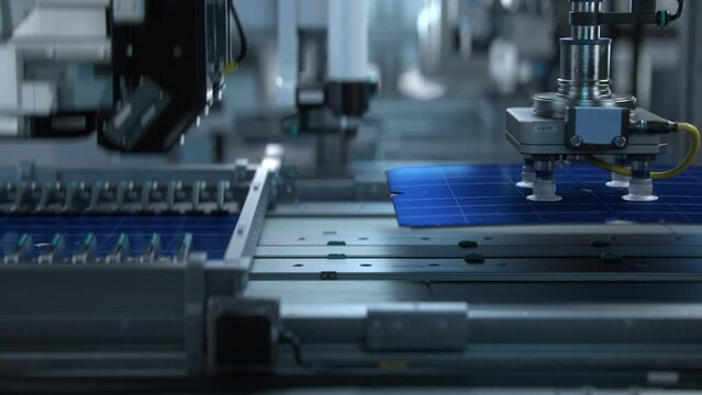 Solar Cells are  Being Moved and Tested on Conveyor during Solar Panel Production Process on Advanced Factory