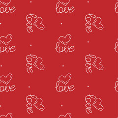 Vector. Cute seamless love pattern with hand drawn heart and lettering: love. Sketch in cartoon style. Design template for card, print, poster, party, Valentine's Day, textile, wrapping paper.