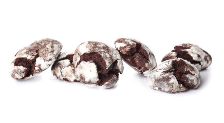 Tasty chocolate brownie cookies isolated on white background
