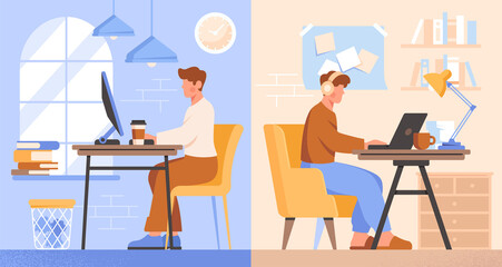 Fototapeta na wymiar Office vs Home concept. Young male employee of company sits at his desk and performs project. Freelancer in apartment at remote job. Pros and cons. Cartoon contemporary flat vector illustration