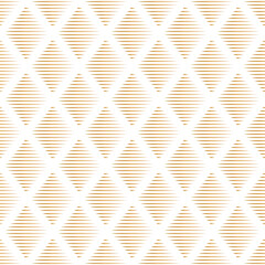 Abstract geometric seamless pattern. Gold diamond ornament filled with gradient horizontal lines on white background. For textile and paper design