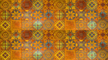 Colorful abstract orange yellow red vintage retro geometric square retro mosaic motif tiles texture...