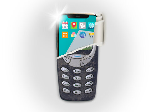 Old dirty mobile cellphone is ripped to show new smartphone