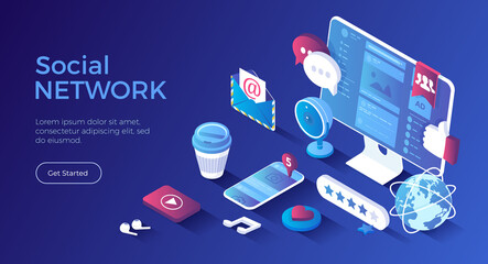 Social Network, Internet Communication. Social media website pages on phone and monitor screens. Chat, app, messages, notifications. Isometric landing page. Vector web banner.