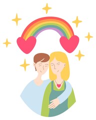 Cute card for Valentine's Day, hand draw lesbian, bi couple, rainbow with heart and sparks.