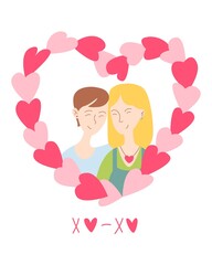 Cute card for Valentine's Day, hand draw lesbian, bi couple in frame of hearts.