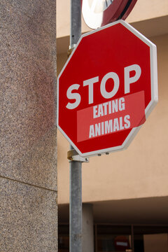"stop eating animals" sign
Stop eating animals, save animals ,go vegan
Stop Sign with Eating Animals underneath
Stop sign with sticker on a street
do not enter sign