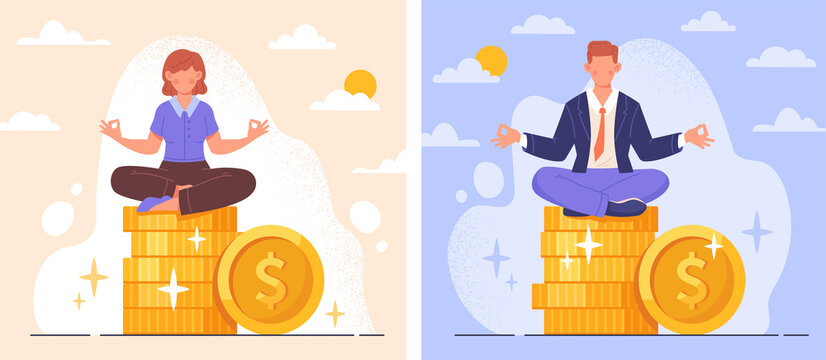 Business Guru Or Expert Abstract Concept. Young Man And Woman Sitting On Coins With Dollars. Entrepreneurs Manage Investments Or Finances. Cartoon Flat Vector Set Isolated On White Background