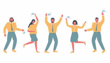 Pandemic end. People are dancing from happiness. Five adults take off their face mask and are excited. Vector illustration