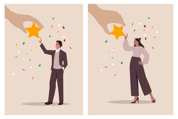 Employee success recognition concept. Set of entrepreneurs receiving award in form of star for their achievements. Encouraging better work. Cartoon flat vector collection isolated on white background