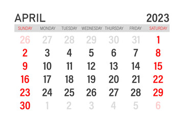 April 2023 calendar template. April 2023 layout. Printable monthly planner. Desk calendar design. Start of the week on Sunday.