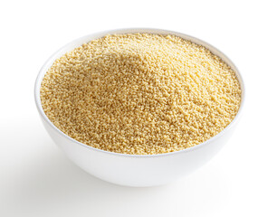 Uncooked dried cous cous in white bowl isolated on white background with clipping path